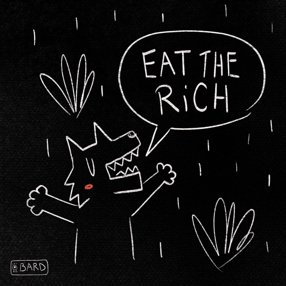 Line drawing of a cute little wolf saying « Eat the rich » on a black background.