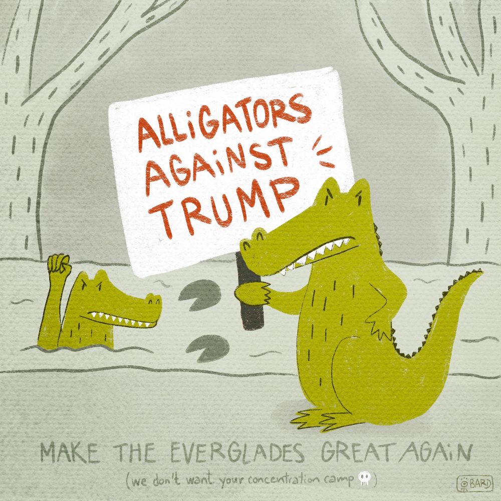 Illustration of cute alligators manifesting against the alligator alcatraz prison in the Everglades.