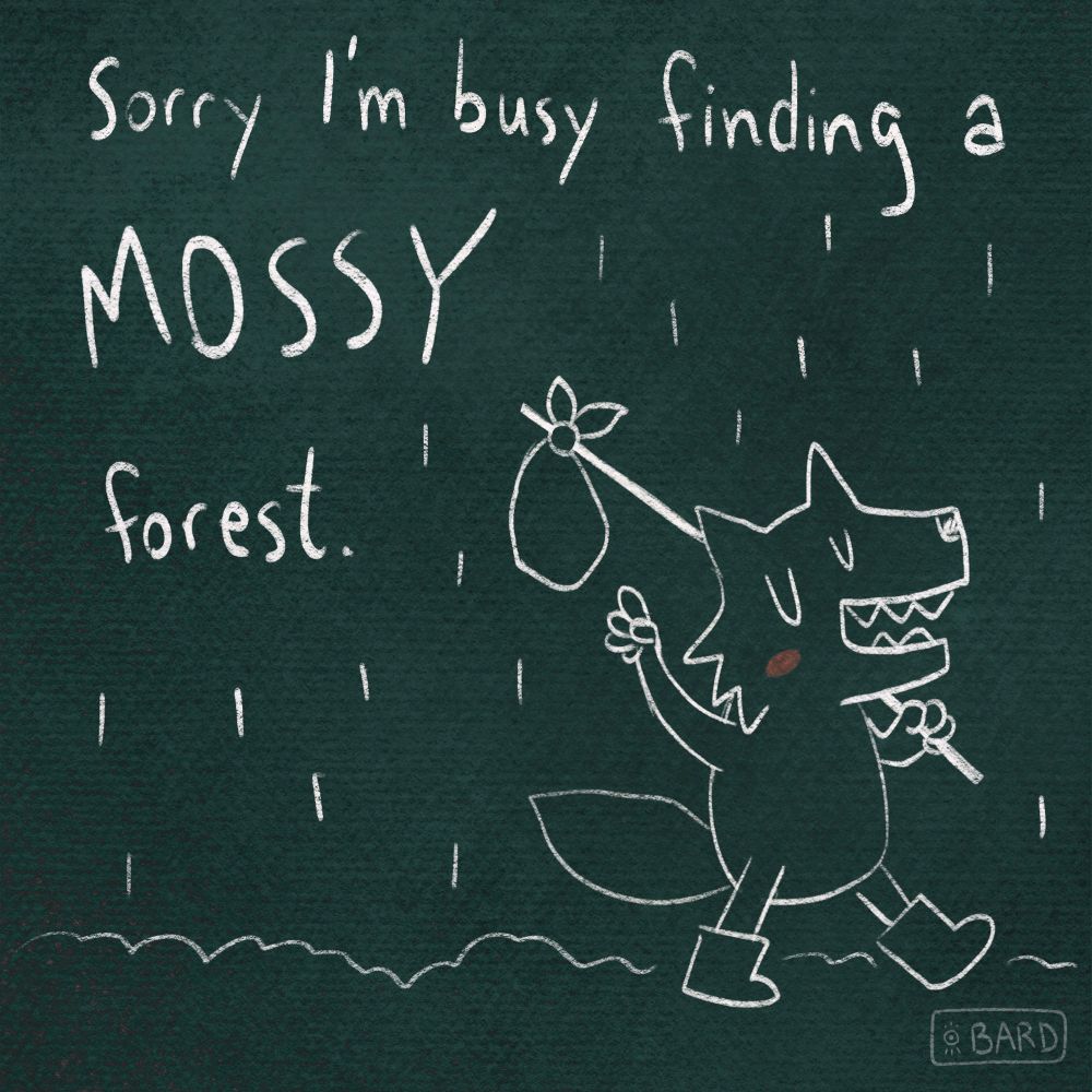 Line drawing of a cute wolf in his way to go moss-hunting in the forest on a green background.
