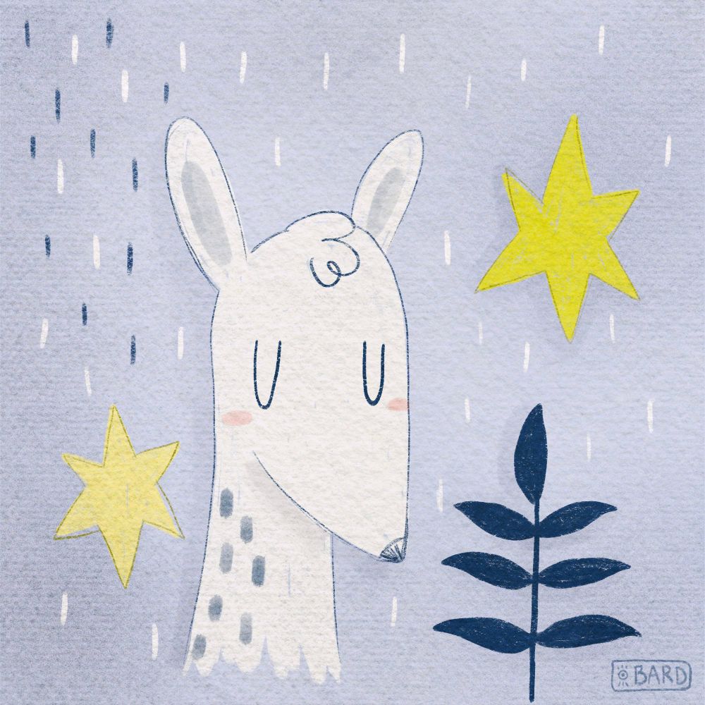 Illustration of a little white deer with a plant and stars around him on a lavender background.