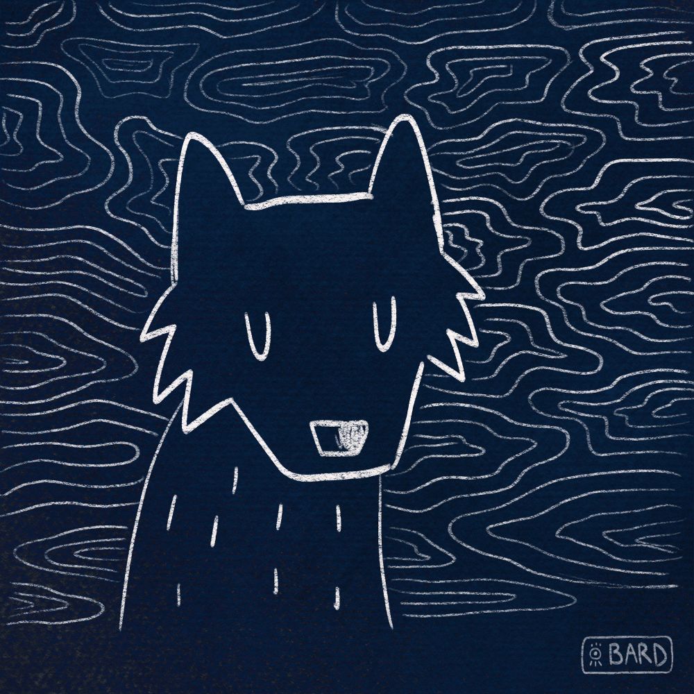 Line drawing of a wolf surrounded by water on a dark blue background.  