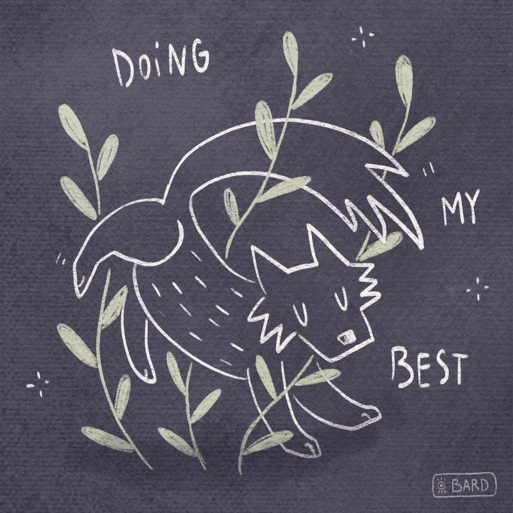 Illustration of a cute wolf in an acrobatic posture with the text « Doing my best ». 
