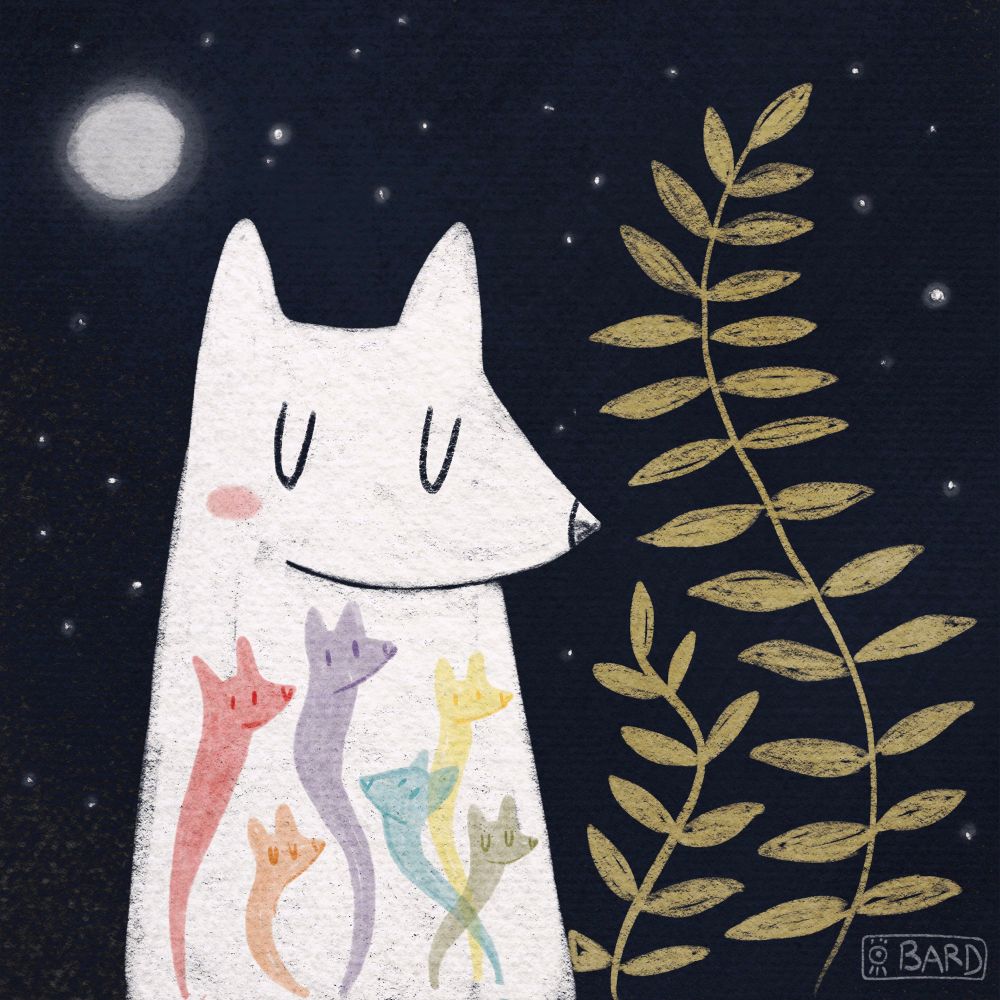 Illustration of a white fox with colorful ghost foxes inside its body. There is plants and stars around it.