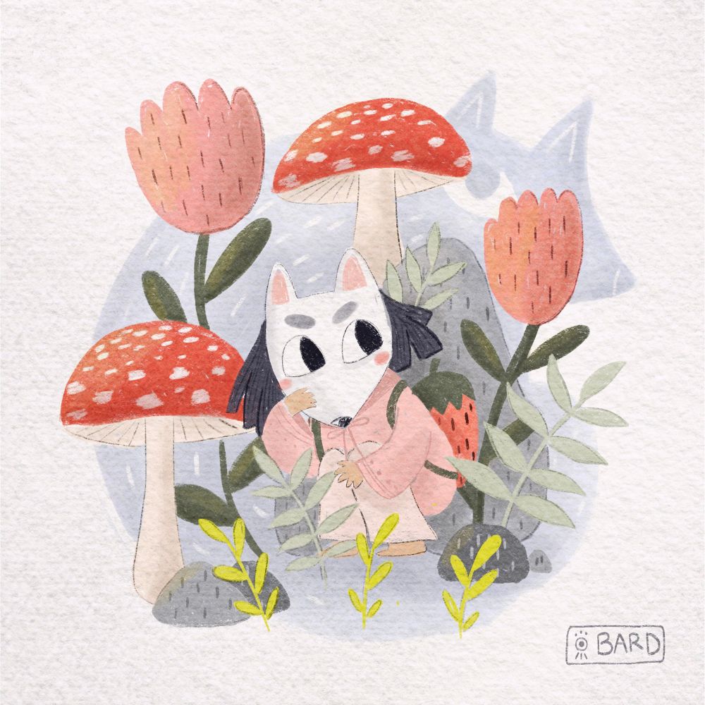 Illustration of a child with a white fox mask looking at a shadow with flowers and mushrooms around him. 