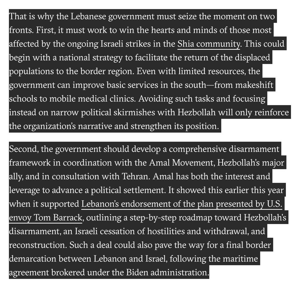 two paragraphs from the analysis on what the Lebanese govt needs to do, in short, provide services to south Lebanon and develop a comprehensive disarmament strategy in consultation with Tehran and the Amal Movement.