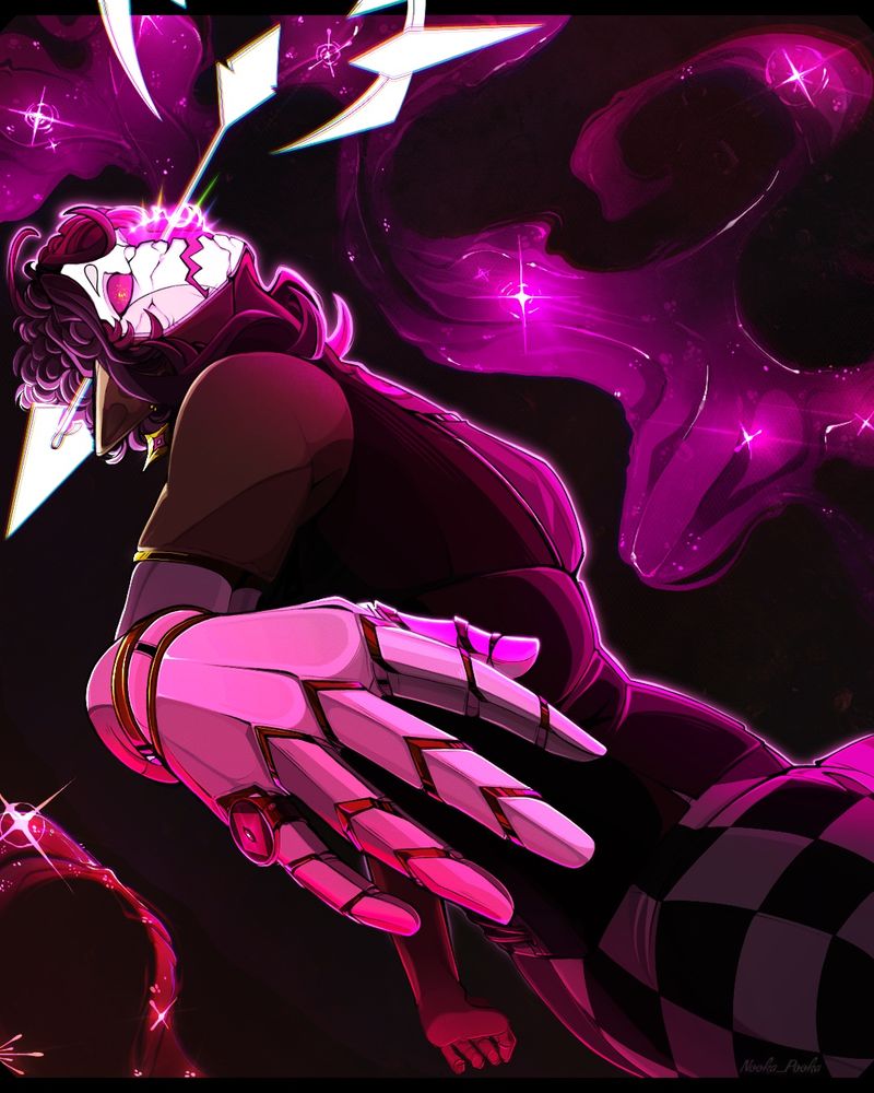 A digital drawing of a figure with a mask and a porcelain arm losing their balance. Something skin to an arrow is slammed through their left side as their right porcelain hand is closest to the screen. Magic gas seems to be coming from the wound.