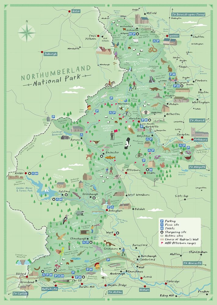 Illustrated map of the Northumberland National Park.