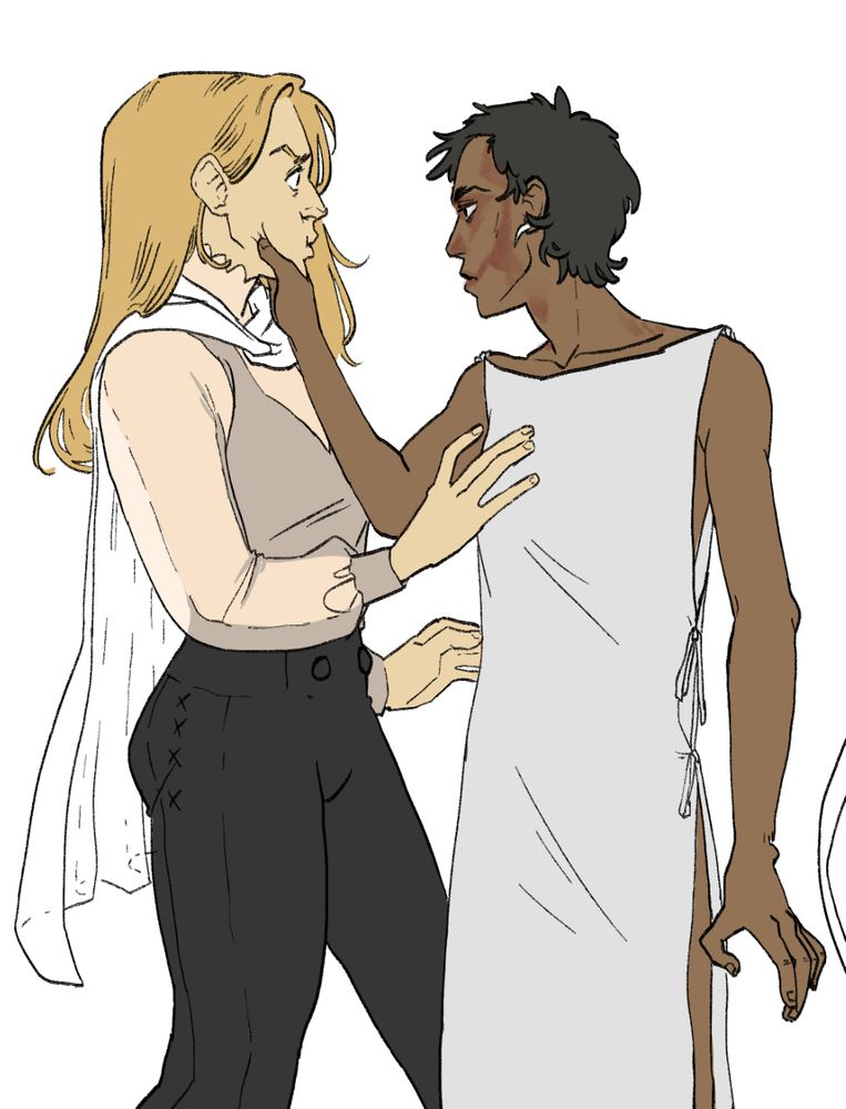Harrow in a hospital gown grasping a surprised Ianthe’s face. Harrow looks very serious at Ianthe’s lips