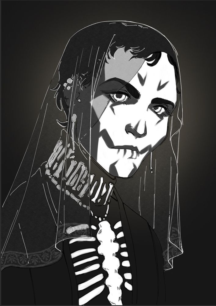 A digital illustration of a young woman in skull face paint, a ribcage exoskeleton, and bone jewelry. She is wearing a veil that obscures the back of her head partially. She is looking at the camera with a serious expression. 