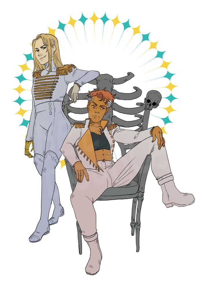 Kiriona Gaia on a throne of bones leaning back with a leg swung over an arm rest. Ianthe the first standing behind prince Kiriona with a smirk and her arm resting on the bone throne. Haha, bone throne. End id