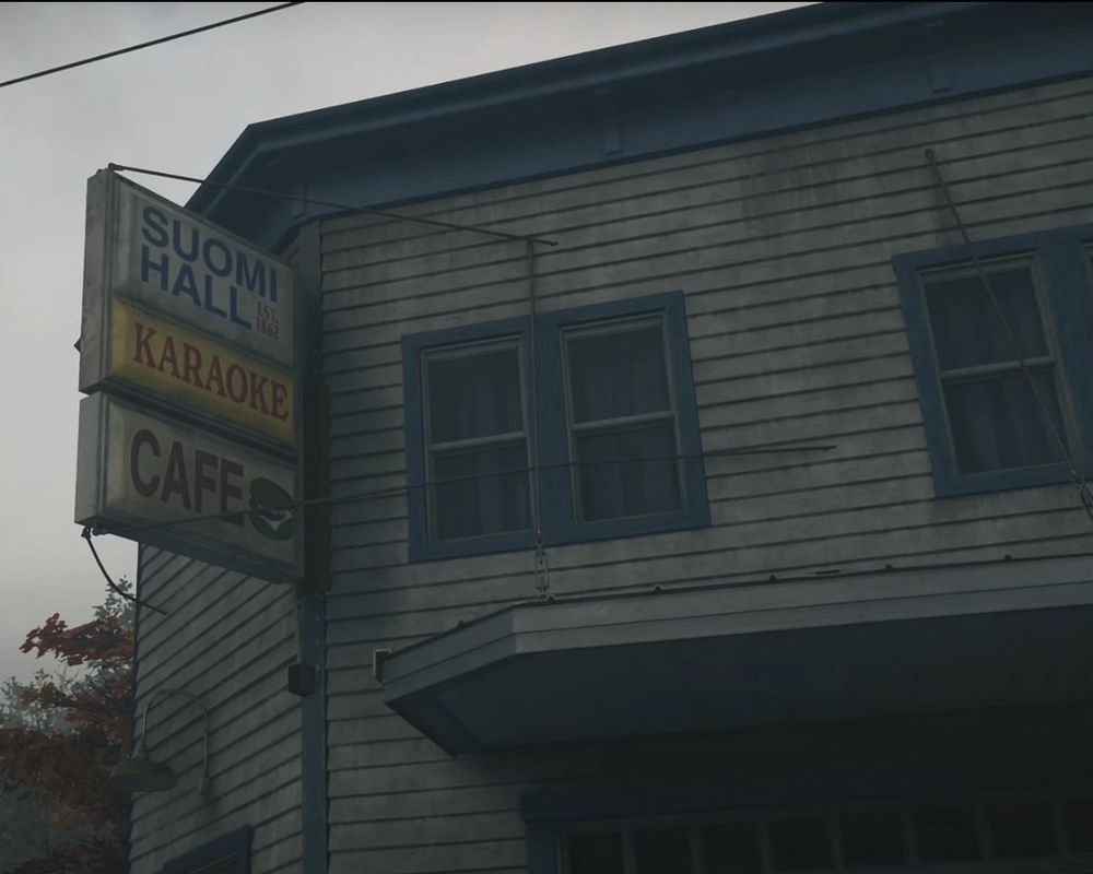 Suomi Hall in Astoria, but rendered in the video game Alan Wake 2. 