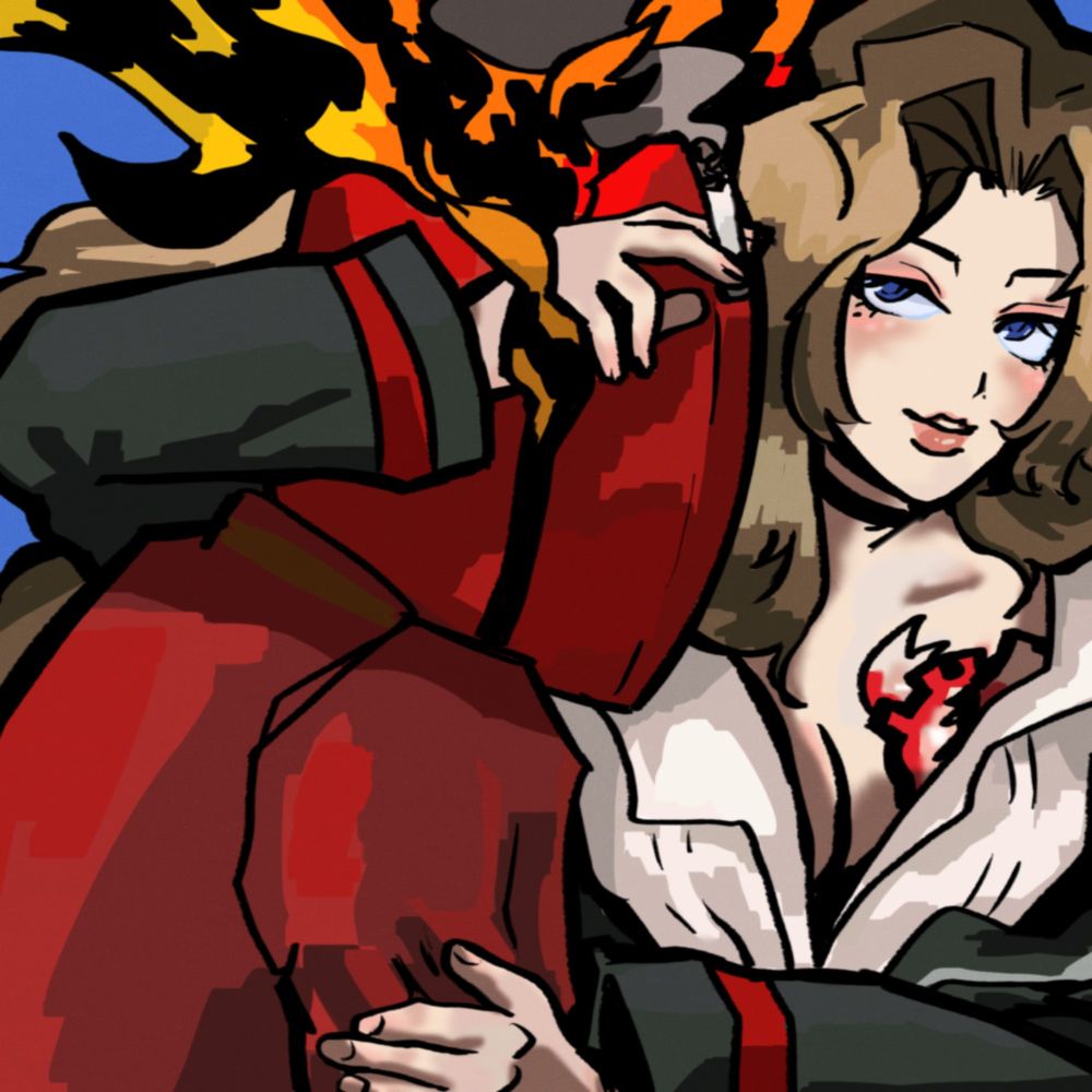 Illustration of Rodion and Dante from Limbus Company with Dante laying on top of Rodion.