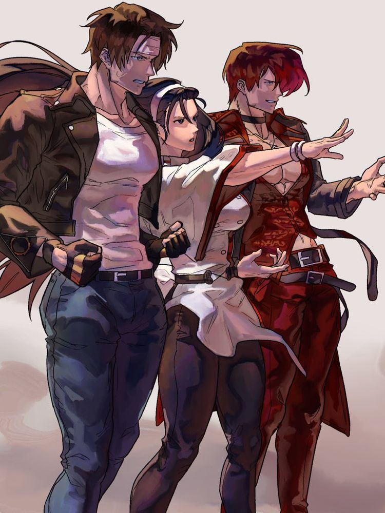 An art of KOF's Three Sacred Treasures, from left; Kyo Kusanagi, Chizuru Kagura, and Iori Yagami.