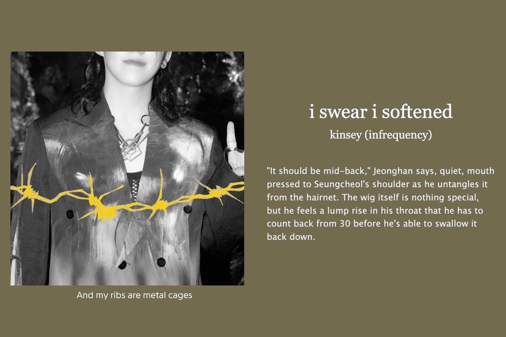 a b&w photo of sc with yellow barbed wire over his chest. 

i swear i softened by kinsey (infrequency)

"It should be mid-back," Jeonghan says quietly. He presses his lips to Seungcheol's shoulder. Seungcheol's fingers hook into the hairnet, and peels it free. The wig itself is nothing special, but a lump in Seungcheol's throat rises. He has to count back from 30 before he's able to swallow it back down. 
