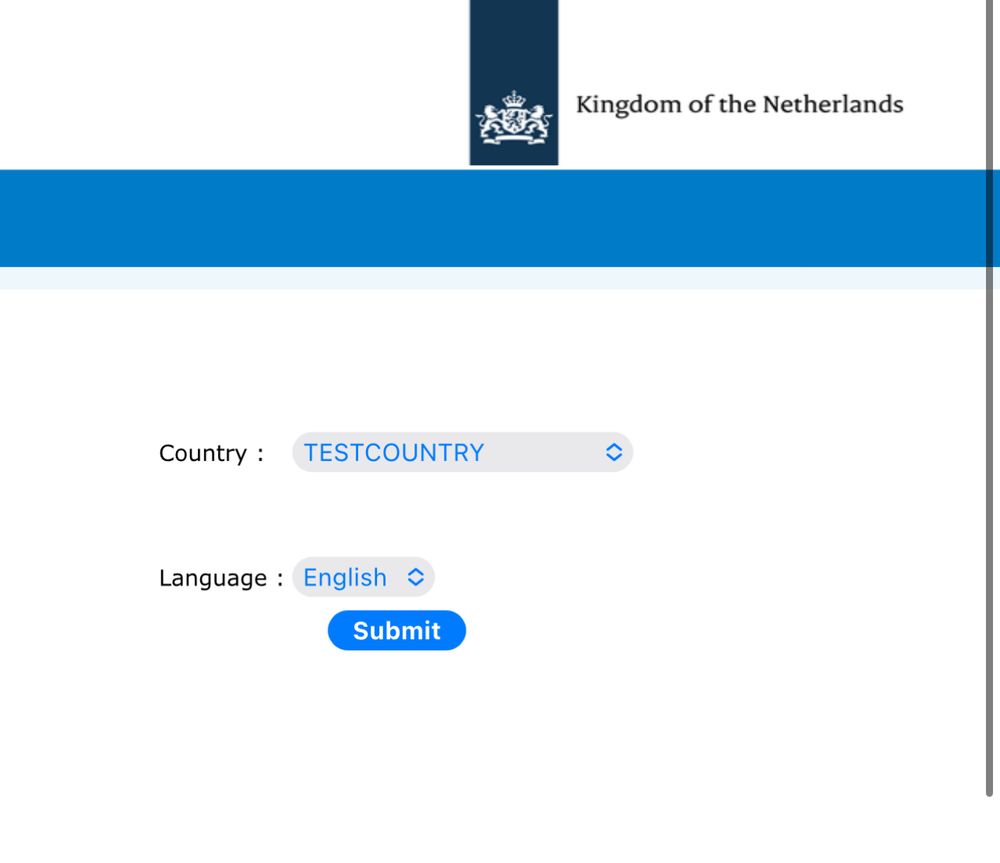 A country selection page with “TESTCOUNTRY” selected on a visa tracking website