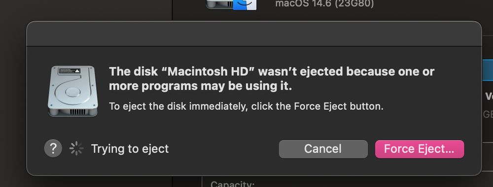 MacOS Warning message: "The disk 'Machintosh HD' wasn't ejected because one or more programs may be using it."

Trying to eject....