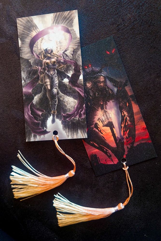 Bookmarks with glitter effects and colorful tassels of Angewomon and Ladydevimon
