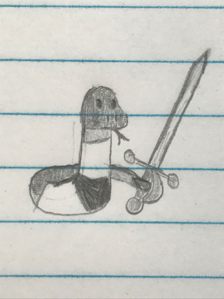 A snake wearing a bracer as armour, holding a rapier.