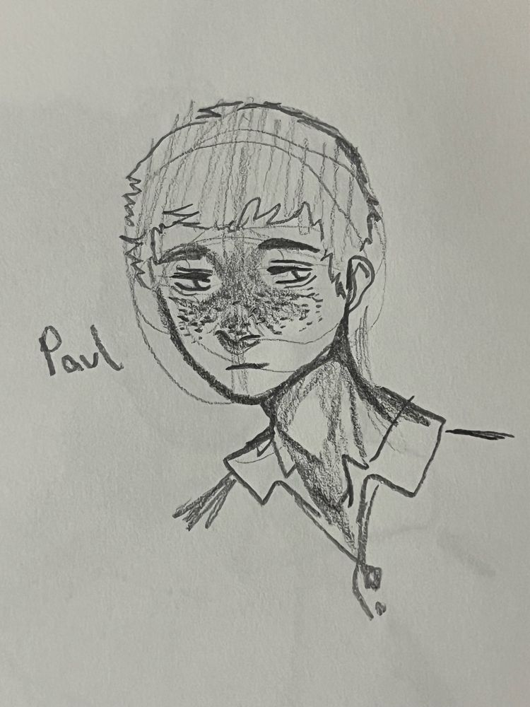 A doodle of the blond boy in the first image but slightly older, he's now a teenager. His hair is shorter now and he has a sad expression on his face.