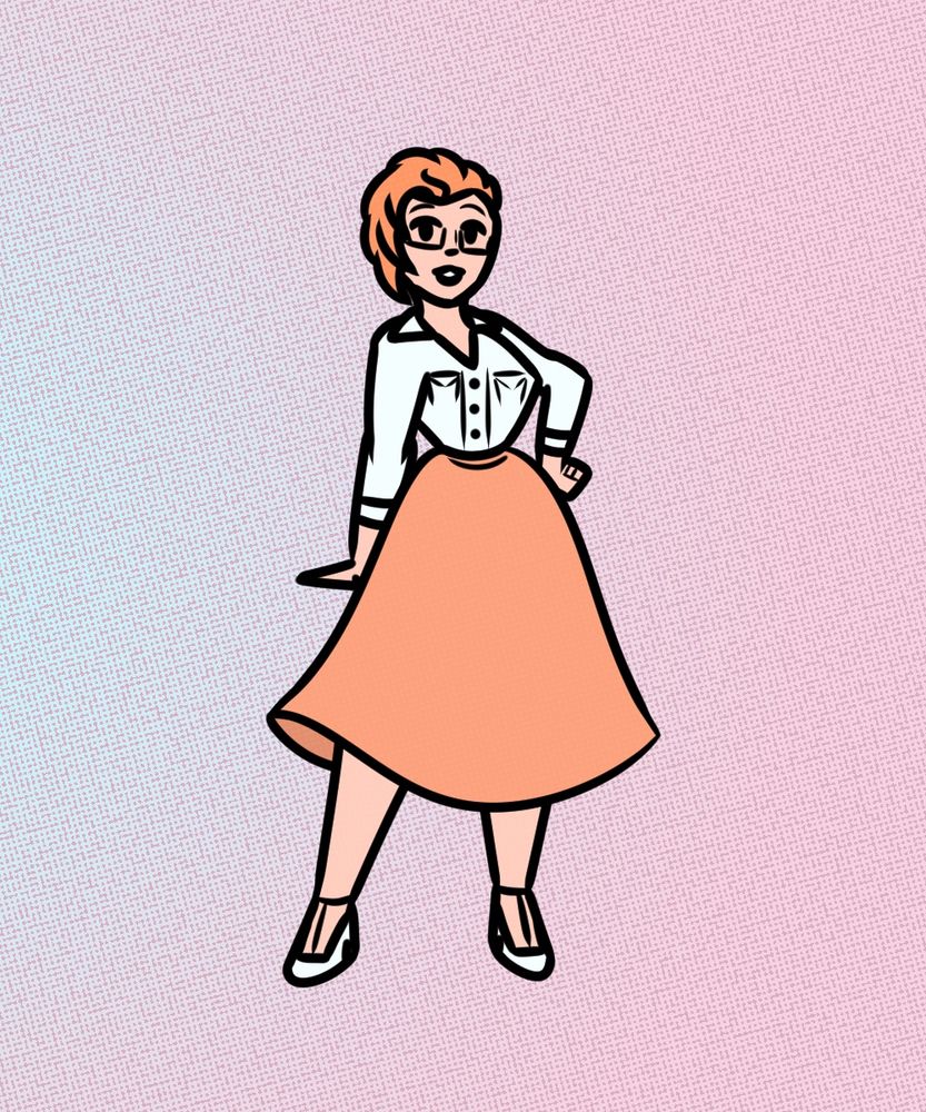Fae wearing a white button up blouse and a calf length peach colored skirt