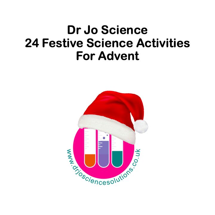 Dr Jo colourful science logo wearing a red and white Santa hat