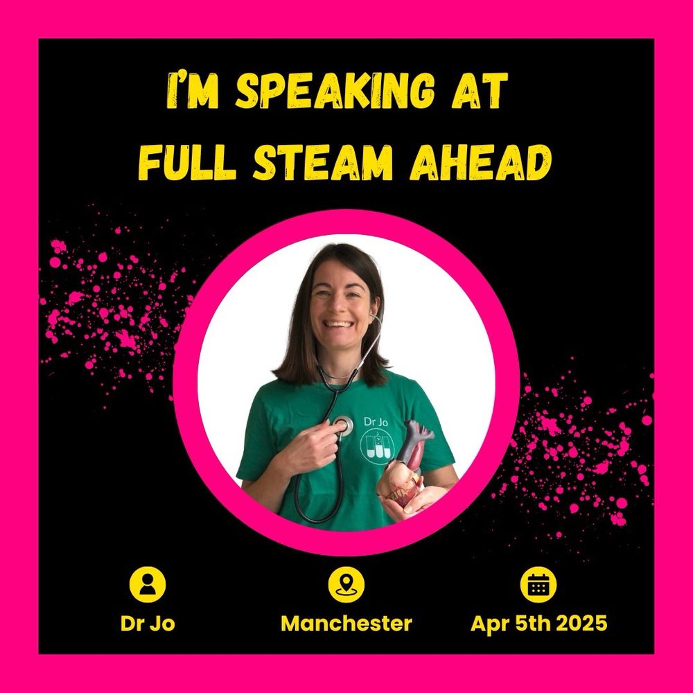 colourful poster with. smiling Dr Jo. text reads; I'm speaking at Full STEAM Ahead