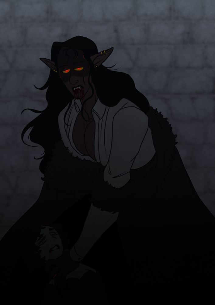 My vampire OC Cassian in a dark as fuck setting. Blurred brick background. Cassian (big vampire guy) is staring at viewer, eyes glowing red, blood dripping down his mouth (on his tiddies even). A figure near the ground is being held by the throat, his most recent victim.