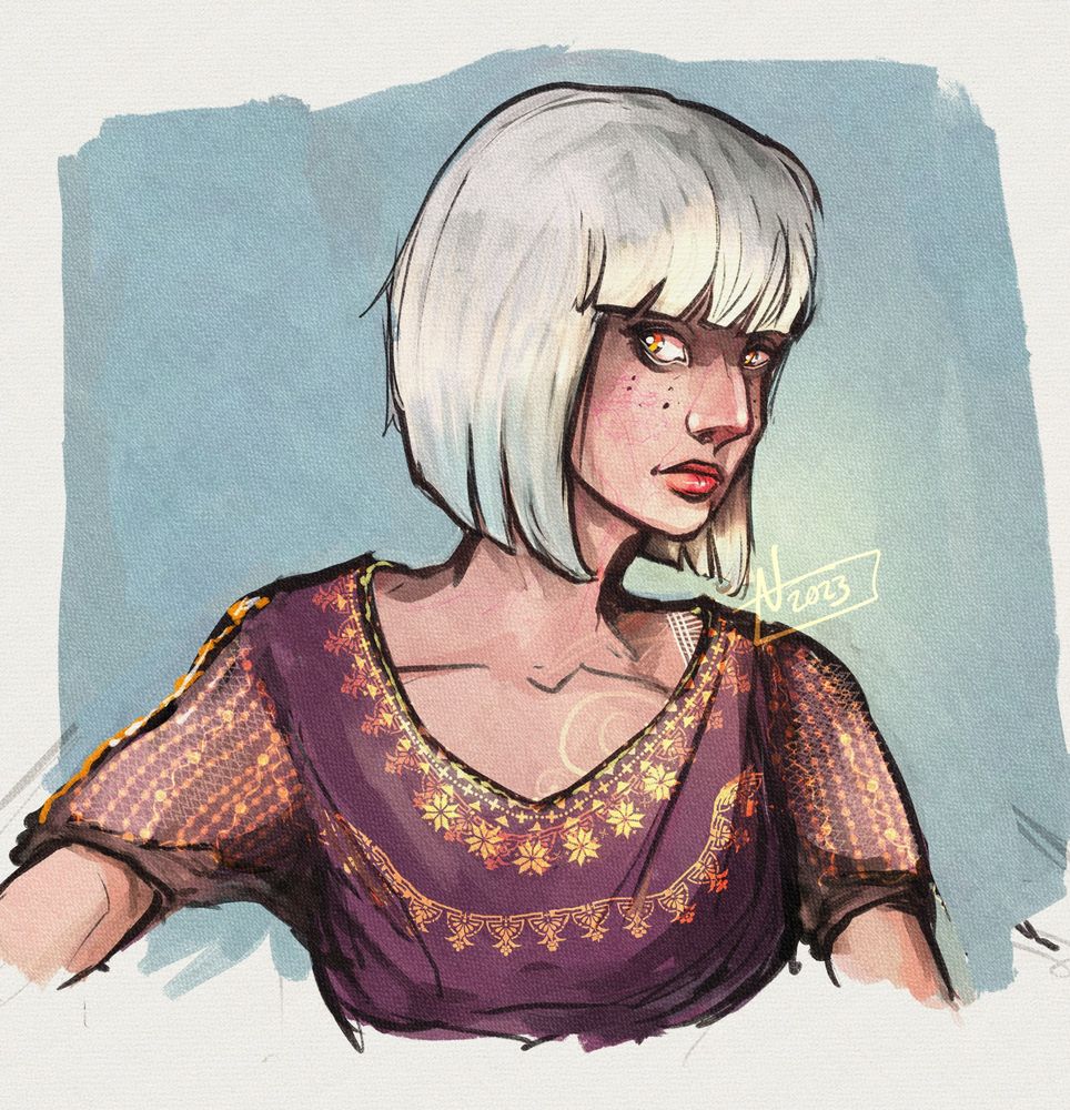 Peroxide blonde human woman. Some glowy circular tattoos.