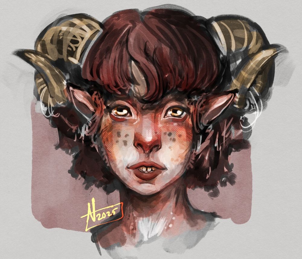 A faun with curled ram antlers and a nervous smile.