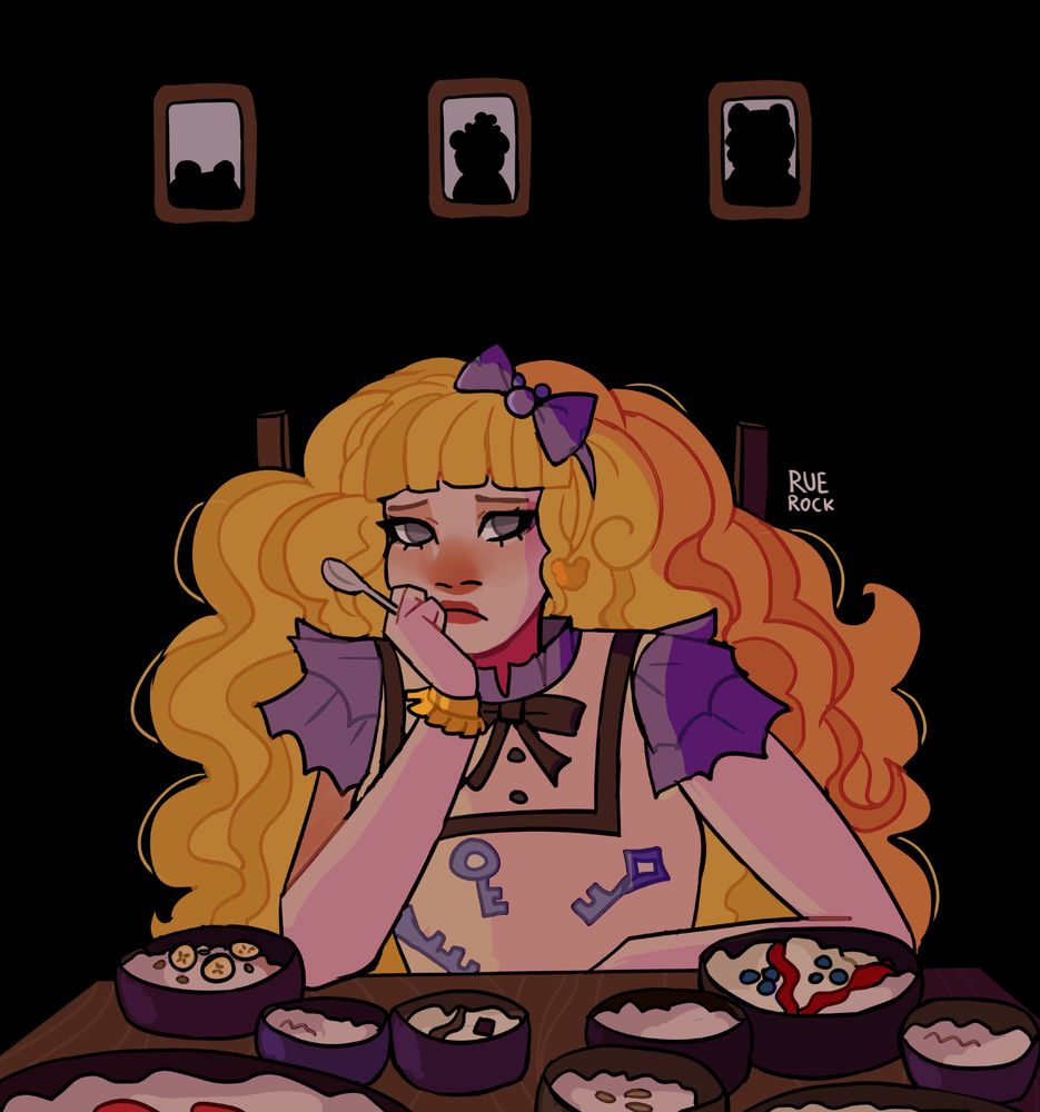 digital art of blondie lockes from ever after high. she's seen sitting by the table with a frown. her hand rests on her cheek. on the table there's multiple bowls of porridge of different contents and sizes. the background is black and there's three small silhouette portraits of the three bears seen behind her.