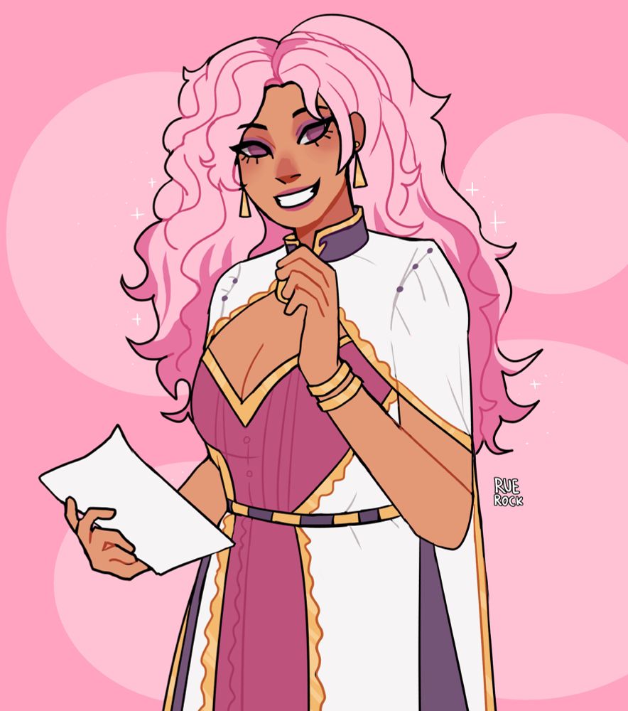 digital art of adeline from fields of mistria. she's seen in halfbody, smiling and holding a sheet of paper. the background is pink.