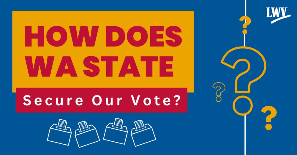 Blue background with yellow and red text. There are also graphics of question marks and ballot boxes, as well as a white LWV logo. Image text reads: "How does WA State secure our vote?"