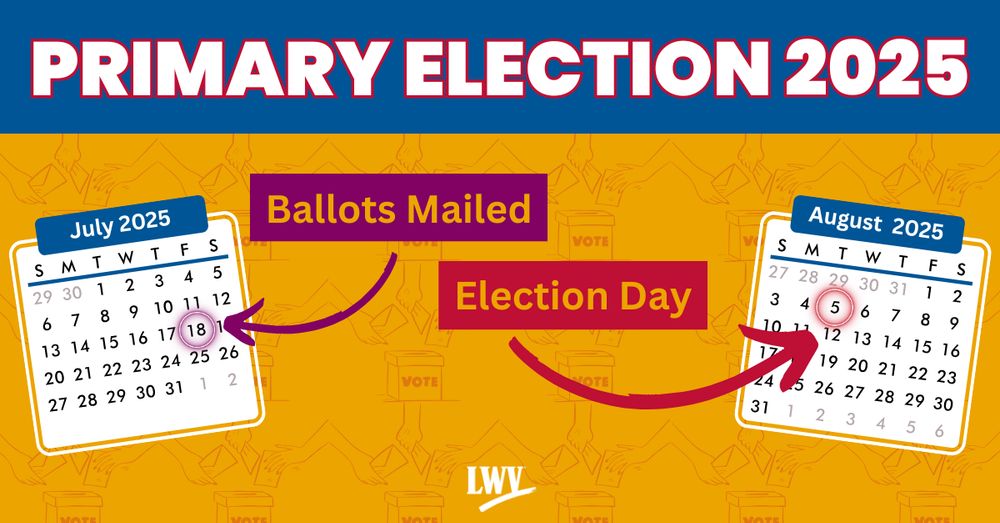 Yellow background with a repeating pattern of of ballot boxes. On top of this are calendars of July and August 2025. They calendars call out the day ballots are mailed across the state (July 18) and Primary Election Day (August 5).