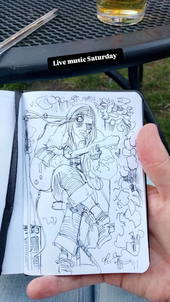 Biro drawing of a live musician act. The caption says LIVE MUSIC SATURDAY 
