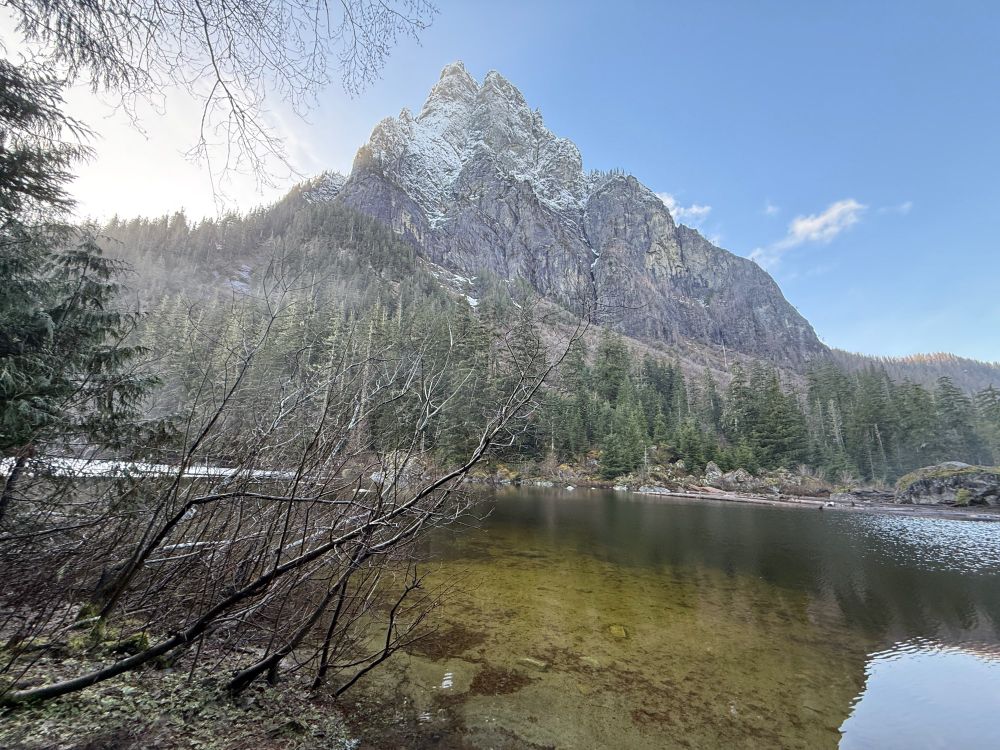 Barclay Lake, WA with a mountain in the background.