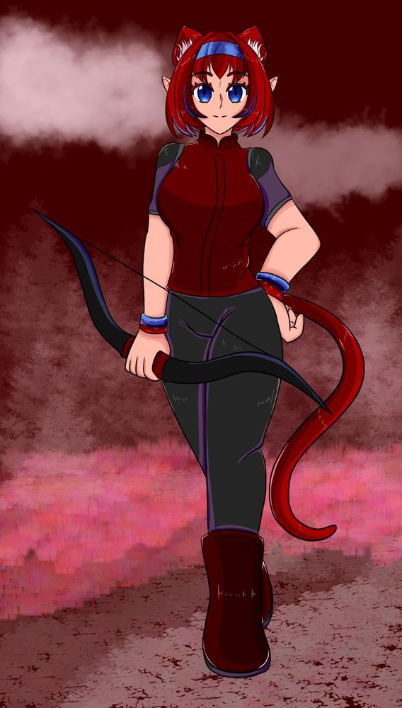 My commission of a red haired catgirl with blue highlights, a bow in her right hand, and red and blue wristbands 