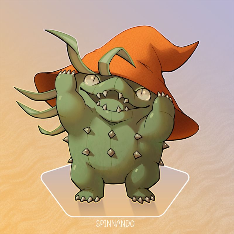 A drawing of Willow, a green spider plant choya, wearing an orange wizard hat. Choya are a species of cactus creatures from Guild Wars 2.
