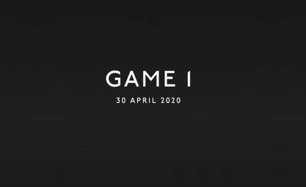 Title card from a game of No More Jockeys on youtube reads: Game 1. 30 April 2020.