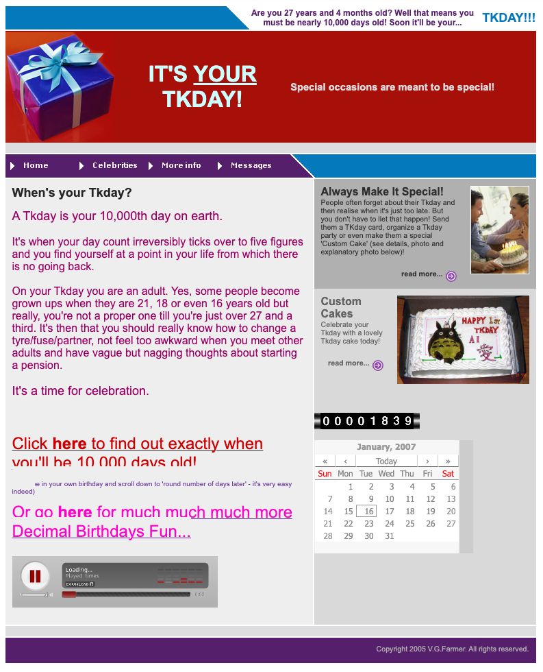 Screenshot of a webpage clearly from 2006 with the title "It's Your TKDay!" and tagline "special occasions are made to be special." The TKDay concept is explained as a persons 10000th day on earth with suggested celebration options like cards and cakes. 