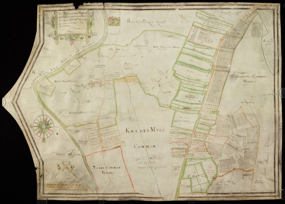 A hand-drawn map showing the land ownership in Dringhouses. Names of owners/renters of the land are listed in their plot along with measuremnts of the land owned/rented.  The map is drawn on parchment and has buildings represented by a drawning. 