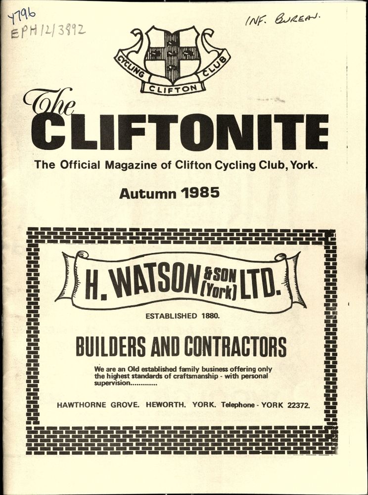 Cover of "The Cliftonite," The magazine of Clifton Cycling Club, Autumn 1985 issue. Features an ad for H. Watson & Son (York) Ltd.