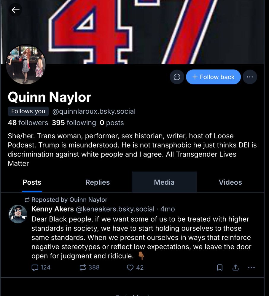 screenshot of Quinn Naylor’s profile showing her retweeting self-hate from a Black man and with an extremely weird bio