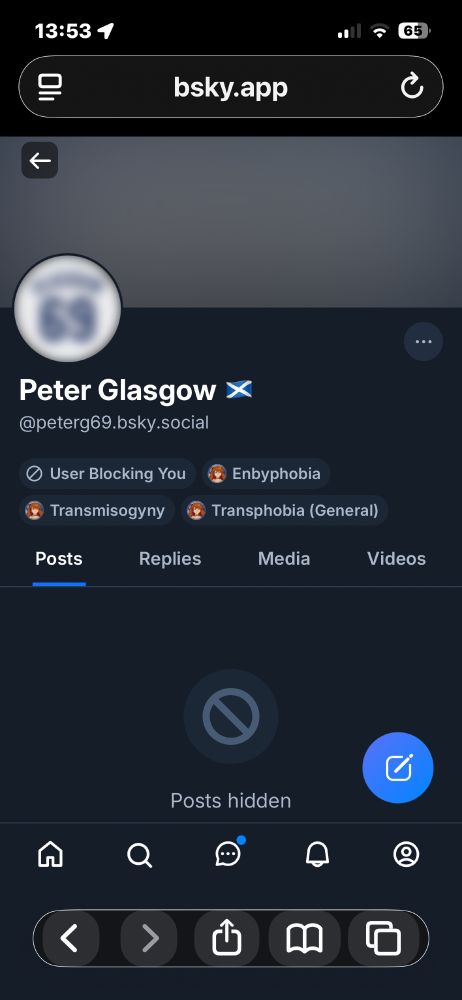 Peter Glasgow has blocked me

marked with: enbyphobia, transmisogyny, transphobia (General) 