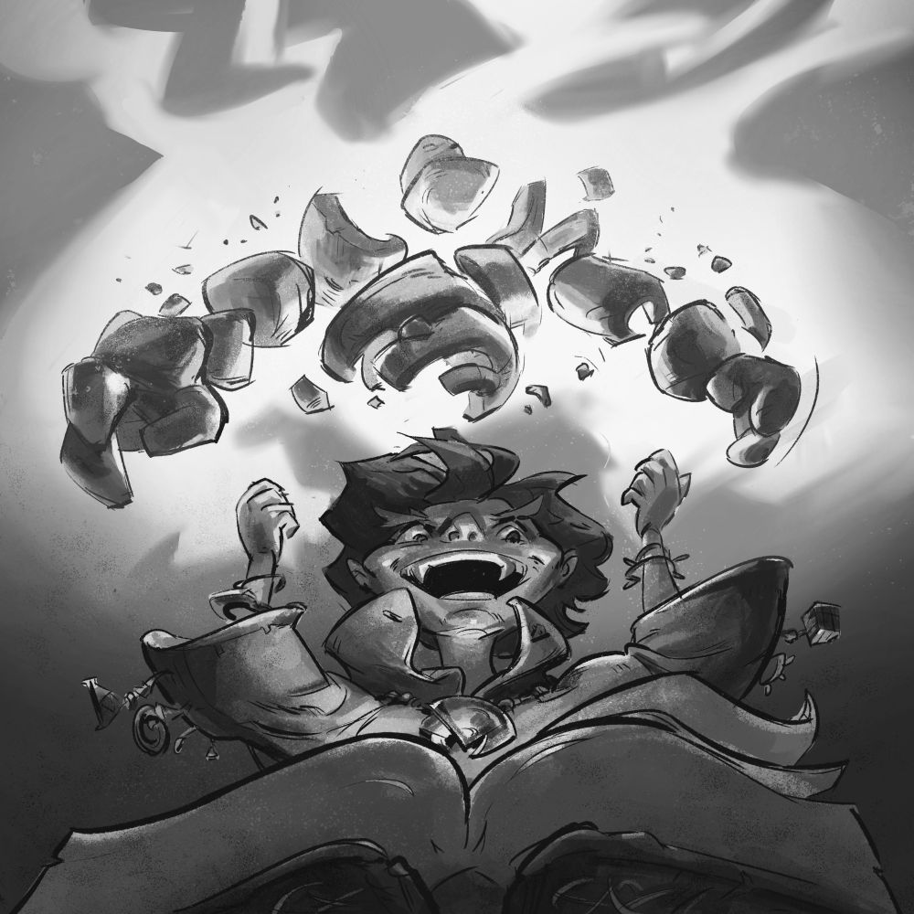 A young invoker summons a stone golem using a spellbook, cackling maniacally as streaks of magic emanate from his raised hands. #art