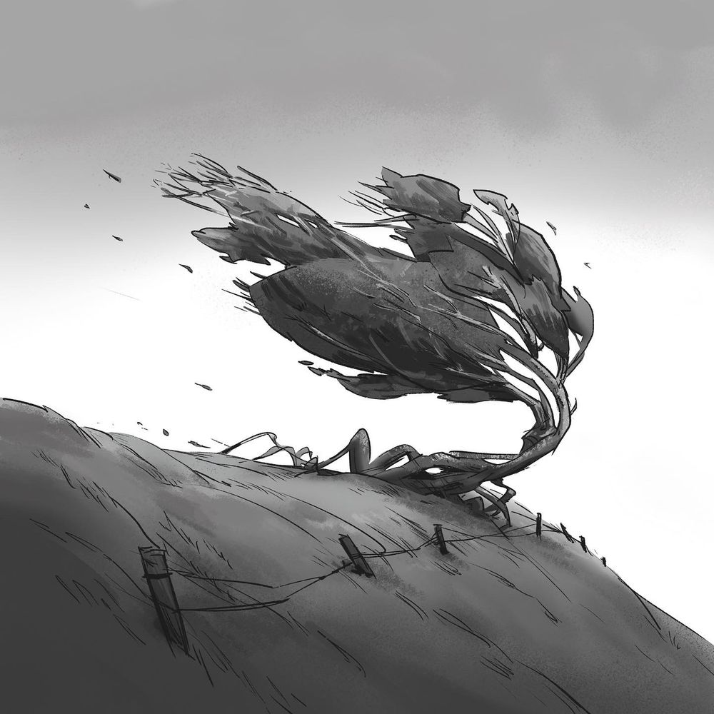 A windswept tree on the top of a grassy knoll with an old fence. The tree's roots cling to the hillside, and dark clouds gather overhead. #art