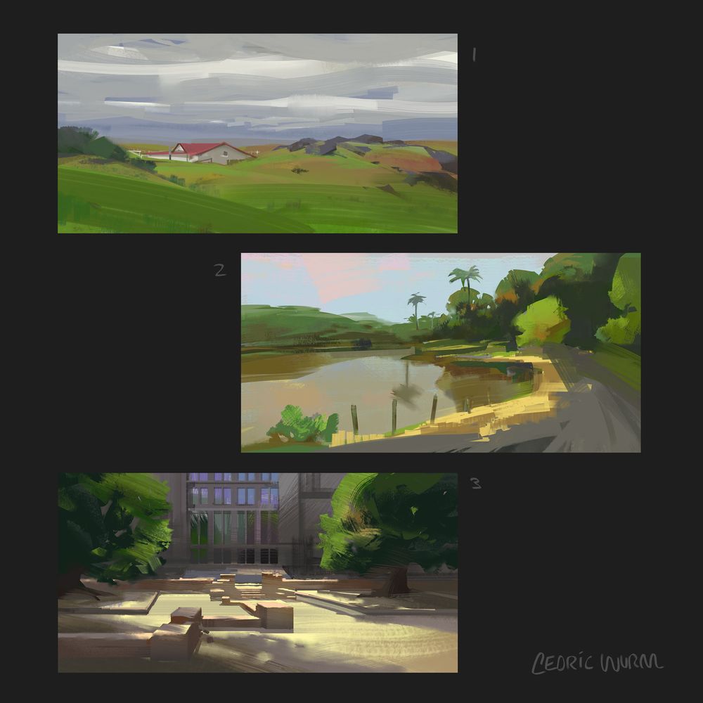 Three digital pleinair paintings - lone house on an overcast day; jungle lake with road along it; city plaza with cubic arrangement by path. #art