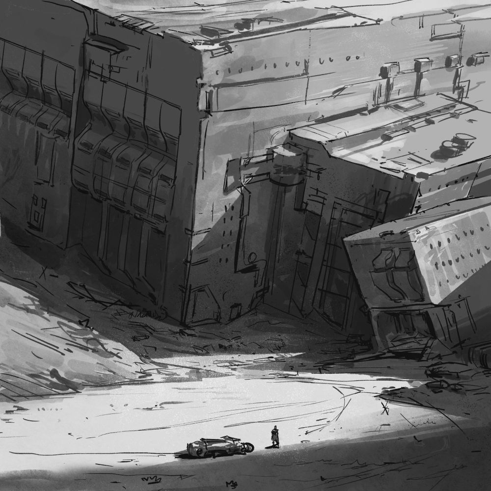Post-apocalyptic ink drawing of futuristic ruined buildings towering crookedly in a deserted wasteland, rubble gathering at their feet. A single person looks from afar, motorbike at his side. Jagged shadows course across the expanse between the person and the buildings. #art