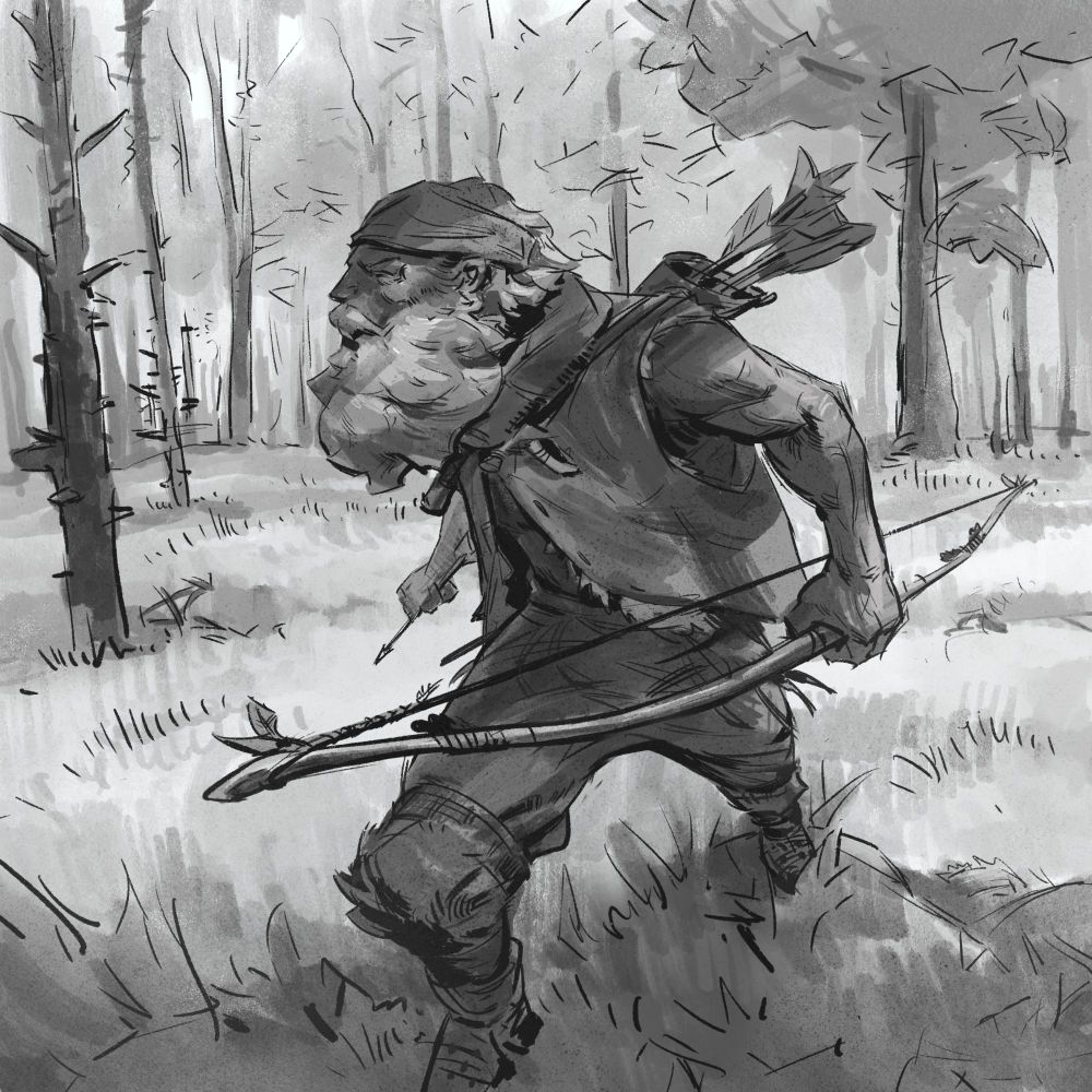 Elderly male hunter with bow and arrow, dressed in skins, searching an open dry woodland for prey. #art