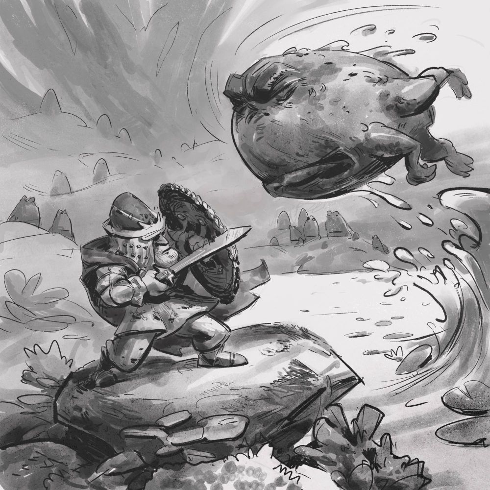 An old warrior with sword and shield braces as he is ambushed by a giant toad leaping out of the swamp water, seemingly to headbutt him. Many more toads watch silently in the background. #art