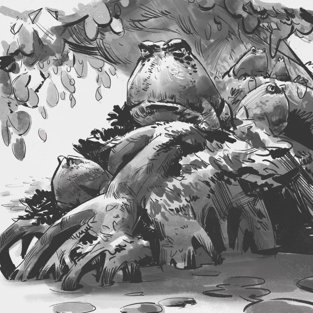 Giant toads with grouchy expressions sit under a tree, on a mass of roots that descend into swamp water. The water has pond lilies scattered on it and fades in the distance. #art